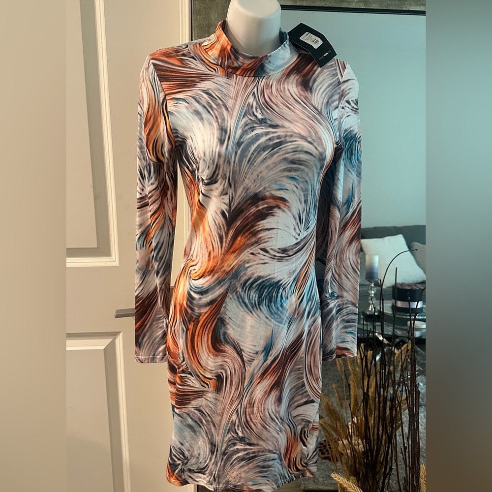 Long sleeve, turtle neck mini dress, multicolor